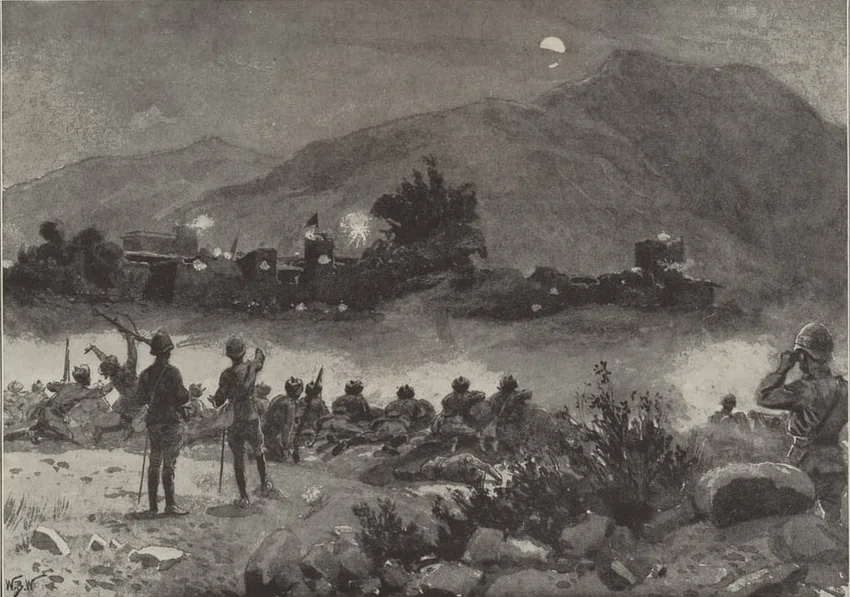 Village of Bilot in the Mamund valley (Bajaur) attacked by British forces at night. The caption says: "the losses in men and battery mules (of British) were very large".From The Illustrated London News, 13 November 1897. Artist: William Barnes Wollen.