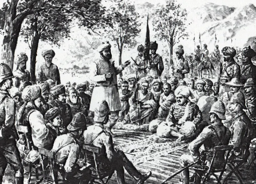 The Mamund jirga meets General Blood of British Army, with attendance of the Khans of Nawagai, Jhar and Khar on 11th October 1897.Drawing by Edmund Hobday. Note: Mamunds of Bajaur are not to be confused with the Mohmands.