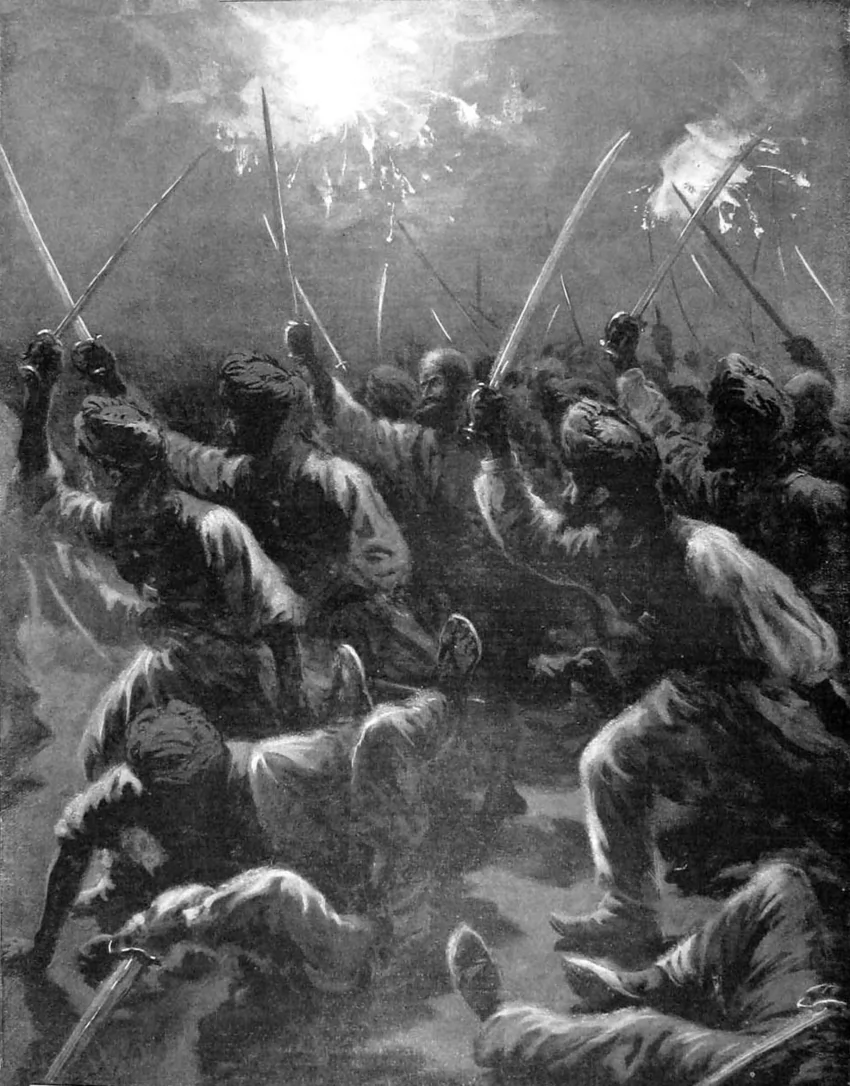 Pashtun tribesmen of the Hadda's Mullah attacking the entrenched British military camp at Nawagai (in Bajaur) during the night, 1897.Drawing by WH Overend.